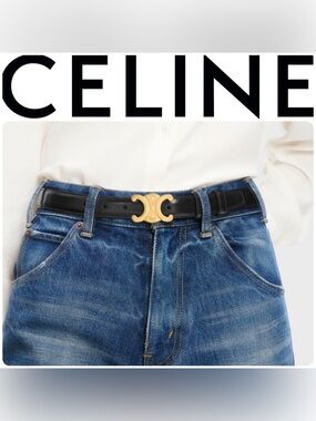 Celine Triomphe Gold Logo Black Leather Belt 105 CM/XL